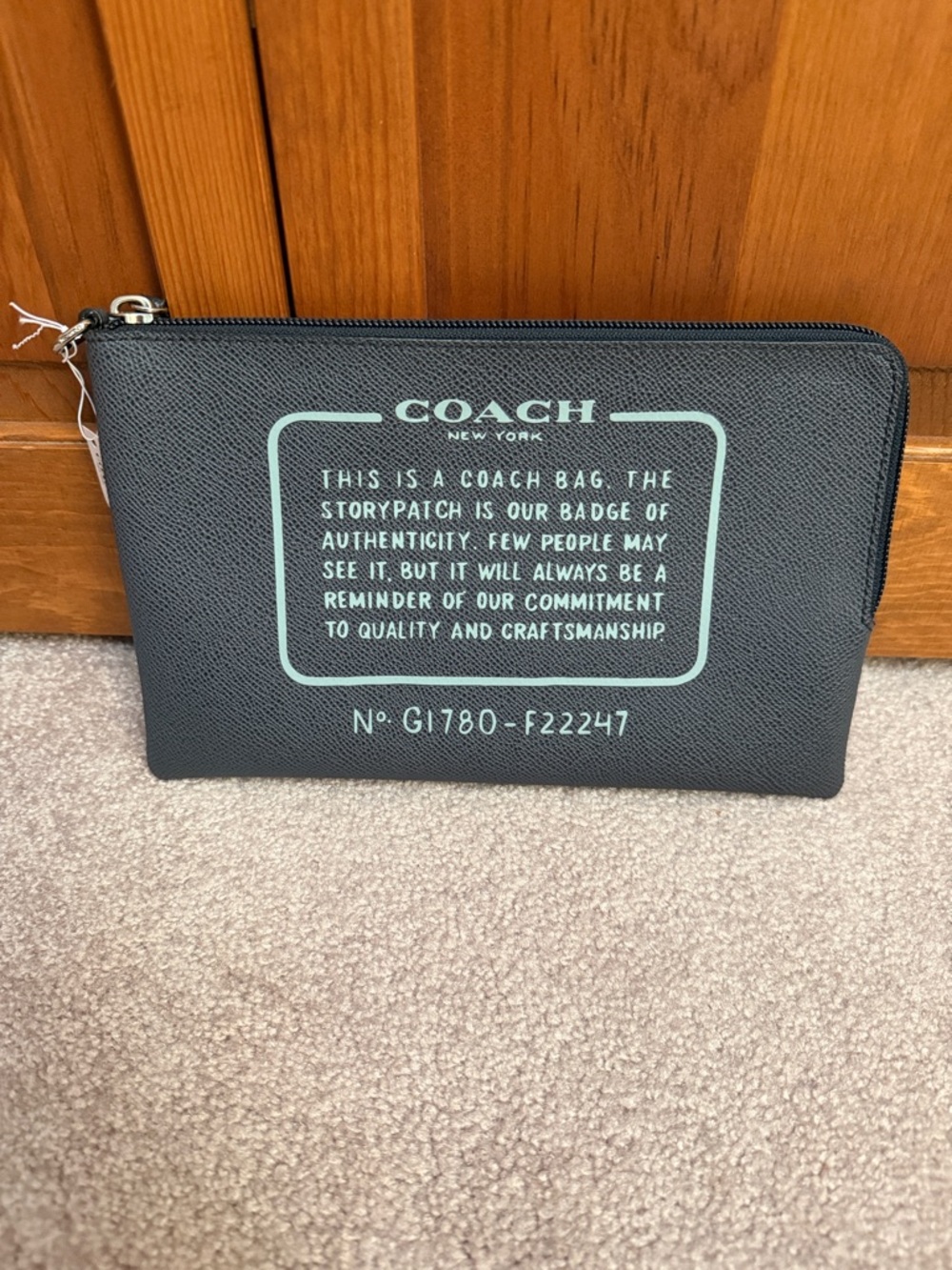 Coach Grayish Black Leather Logo Zip Pouch with Mint Print NWT
